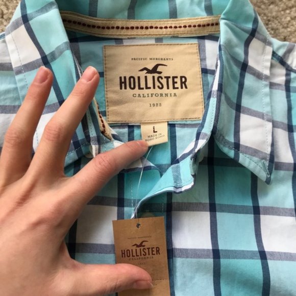 Men's Hollister Teal and White Checkered Button Up - Picture 4 of 10